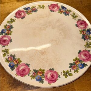 Vintage-Inspired Ceramic Serving Plate with Pink Rose & Blue Floral Border